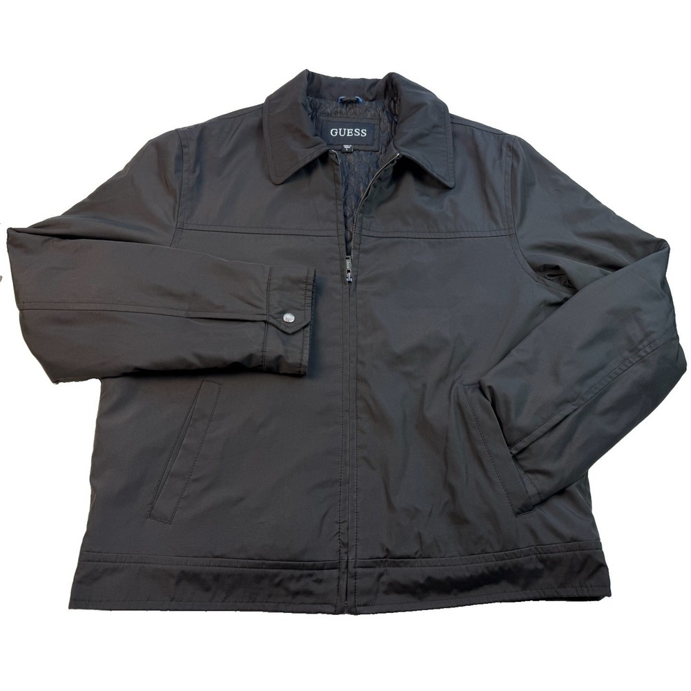 GUESS Men's Large Black Quilted Lined Jacket Full Zip Minimalist Y2K